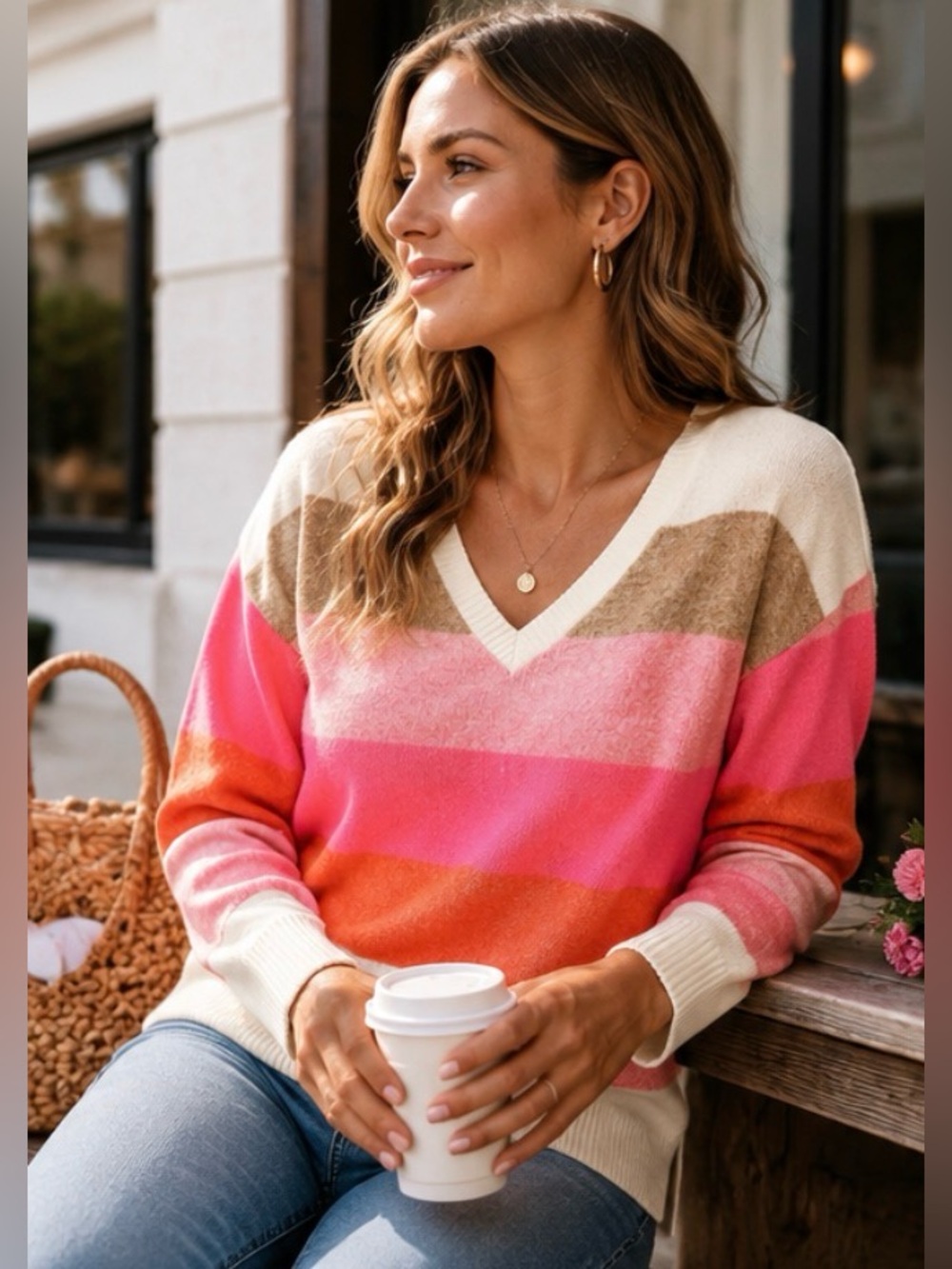 LOFT Colorblock V-Neck Sweater XSP Pink Orange Cream Soft Wool Blend